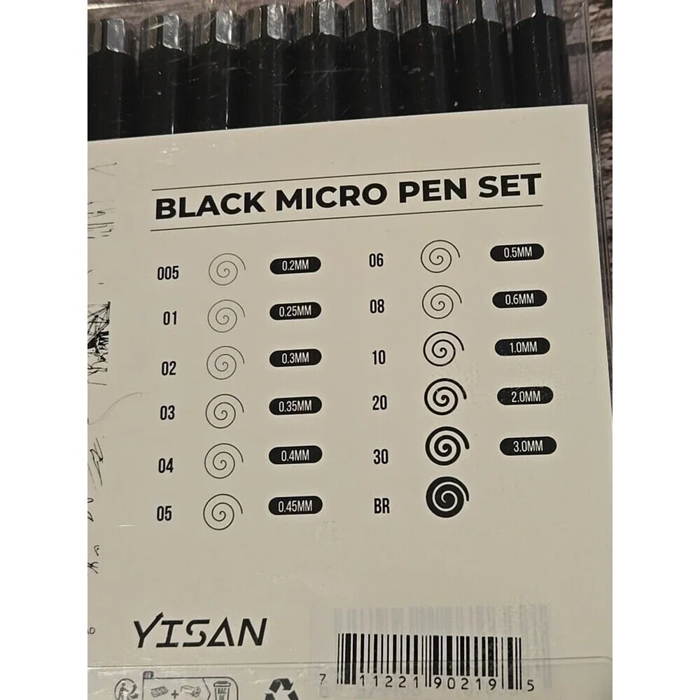 YISAN Black Micro Pen Set 12 Sizes Non Toxic New (194)